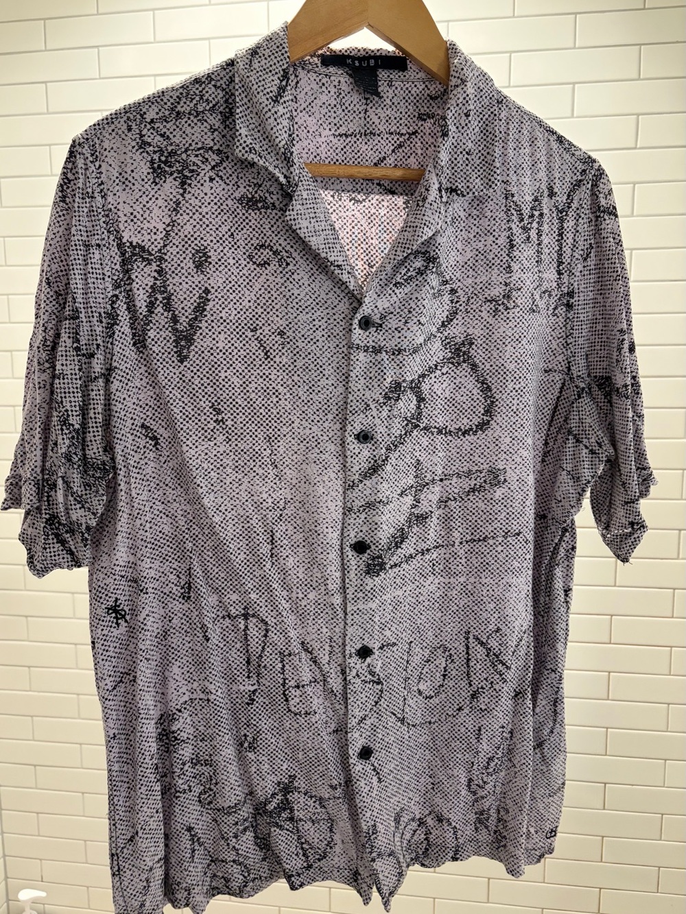 Ksubi Men's ScribblesShort-Sleeve Button-Up Shirt in Light Gray with Black Print